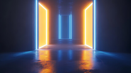 A futuristic corridor with intersecting lights