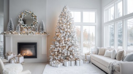 A White Christmas Living Room Decor with a Frosted Tree