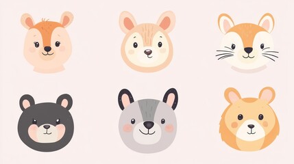Digital design doodles set of cute animal faces in pastel colors, simple shapes on pastel blue background, cute and friendly faces of various animals such as bears etc.