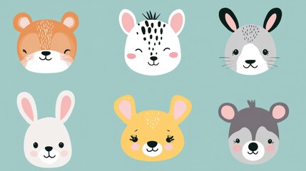Digital design doodles set of cute animal faces in pastel colors, simple shapes on pastel blue background, cute and friendly faces of various animals such as bears etc.