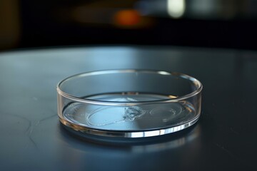 Empty petri dish with a few drops of liquid sitting on a table in a laboratory
