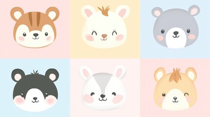 Fototapeta premium Digital design doodles set of cute animal faces in pastel colors, simple shapes on pastel blue background, cute and friendly faces of various animals such as bears etc.