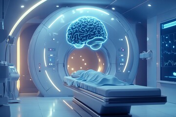 Brain hologram on the MRI/CT machine, a concept for scanning the brain using MRI technology.