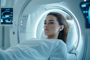 Fototapeta premium Young Brunette Woman Waiting for MRI Brain Scan in Modern Clinic.