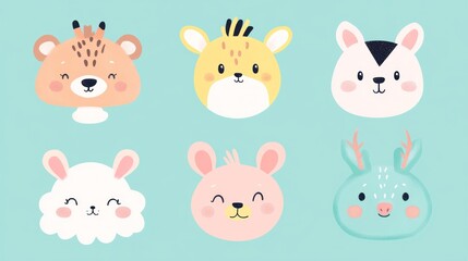 Digital design doodles set of cute animal faces in pastel colors, simple shapes on pastel blue background, cute and friendly faces of various animals such as bears etc.