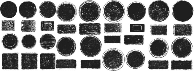 Bundle of textured stamps .Grunge post stamps collection, Circles, rectangles , squares , ovals ,Banners,insignias ,Logos, Icons, Labels , Badges.  Set of  Vector stamp textures. Pack of basic shapes.
