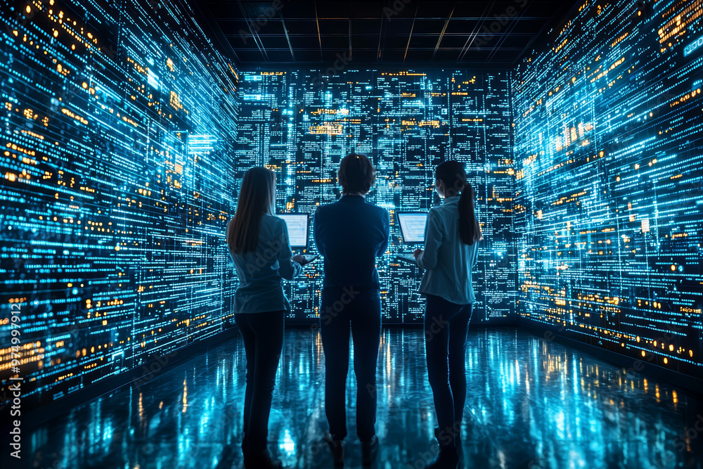 Poster a team of researchers analyzing big data sets in a cloud computing environment. concept of data-driv
