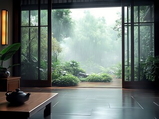 Fototapeta premium Serene Chinese style Room with Floor to Ceiling Windows Overlooking Lush Rainy Landscape