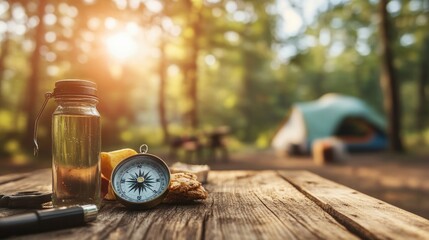 Naklejka premium Wooden table top with compass, mineral water, flashlight, food with blurred camping tent and camping site on forest background