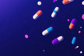 Different types of pills fall on the table. On a blue background.Filmed on a high-speed camera. Beautiful simple AI generated image