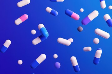 Different types of pills fall on the table. On a blue background.Filmed on a high-speed camera. Beautiful simple AI generated image