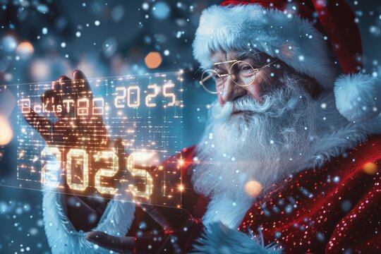 Santa holds a bright 2025 sign made using artificial intelligence for future tech