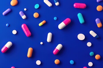 Falling multi-colored pills on a blue background, top view.. Beautiful simple AI generated image