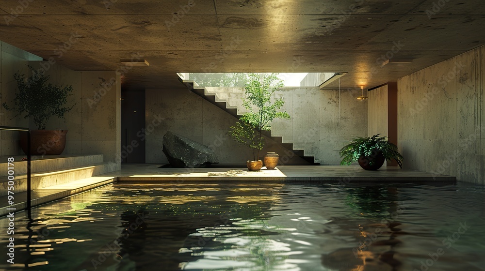 Wall mural Modern Minimalist Home with Indoor Pool and Greenery