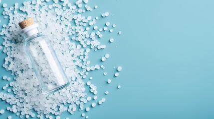A collection of homeopathic globules scattered around a glass bottle on a vibrant blue surface, illustrating the essence of alternative healthcare practices