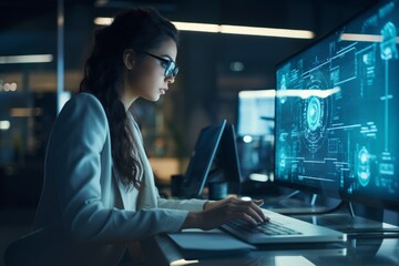 In a contemporary office environment, a woman focuses intently on creating a website using a holographic display, showcasing innovation in technology