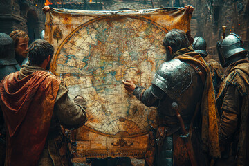 A group of knights planning a military campaign around a large map. Concept of medieval strategy and warfare.