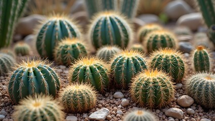 Diverse cactus garden with sharp spines against a desert backdrop