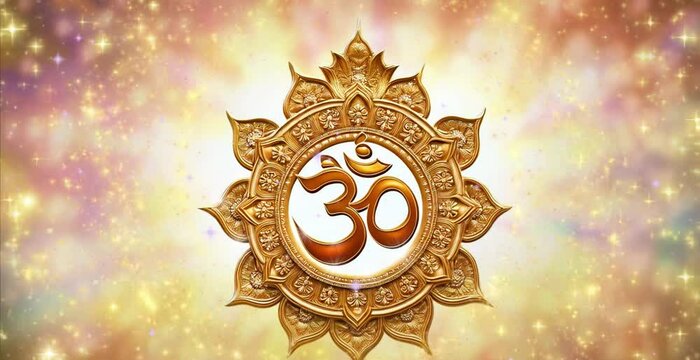 Gold Om Symbol animation video, Indian Om logo, Hindu religious Om Monogram video presentation background, with golden glitter, sparkles and glitter