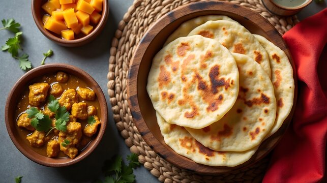 Traditional Trinidadian roti with curried filling and mango
