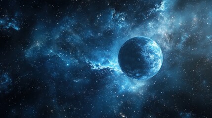 A blue planet with swirling nebula in the background.