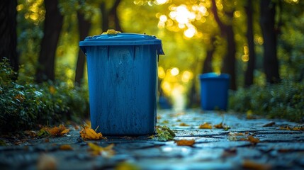 Bins For Collection Of Recycle Materials. Trash bins laying on the stone floor. used for garbage disposal to keep clean and conserving the environment There are green trees as a fence