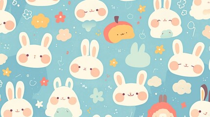 Cute cartoon animal faces, seamless pattern, pastel colors, white background, simple shapes cute characters adorable expressions for fun kids art
