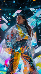 Futuristic Fashion Models in Neon Digital Environments, Abstract and Geometric Patterns, High-Tech Aesthetic, Holographic Clothing