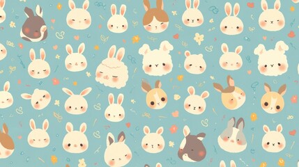 Cute cartoon animal faces, seamless pattern, pastel colors, white background, simple shapes cute characters adorable expressions for fun kids art