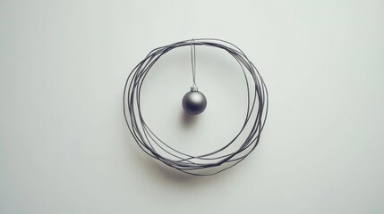 A single silver Christmas ornament hanging from a wire wreath against a white background