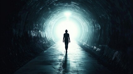 Silhouette of a person walking towards a bright light in a dark tunnel, symbolizing hope and new beginnings, copy space