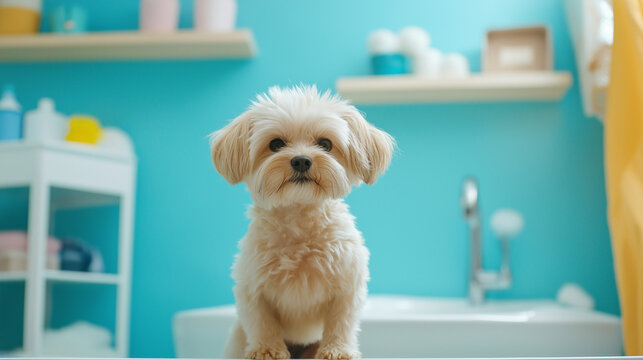 Small fluffy Maltese dog sitting in a bright turquoise grooming room with stylish interior. Freshly groomed pet looking adorable and well-cared for.