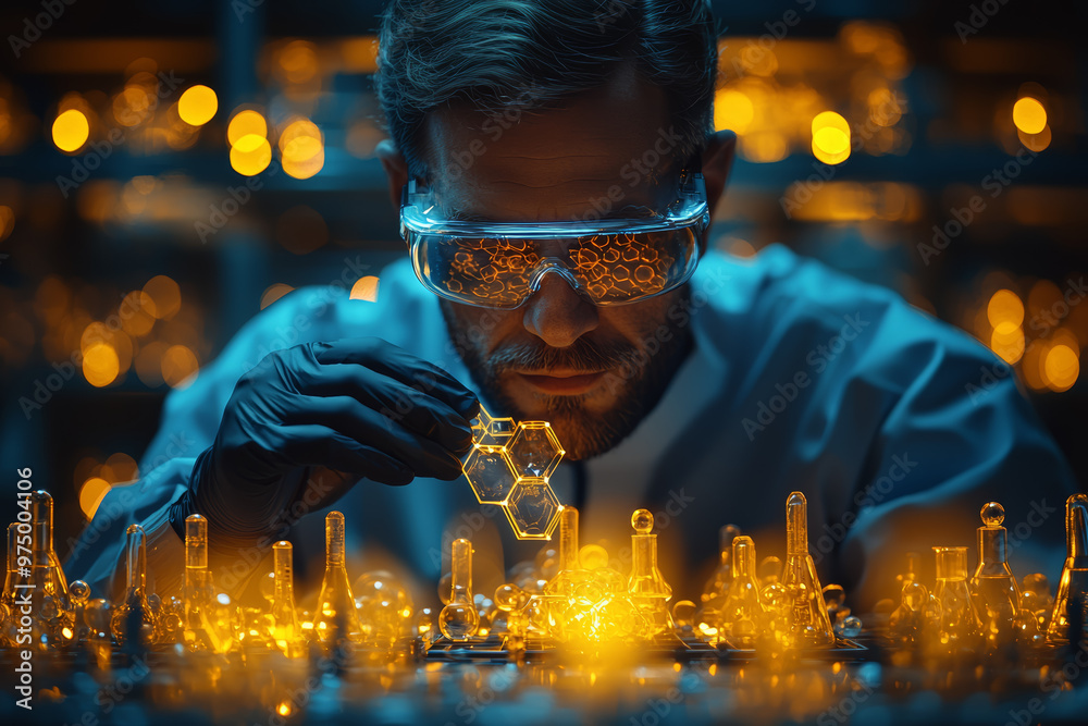 Poster a chemist using ai to predict molecular structures. concept of artificial intelligence in chemical r