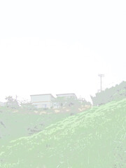 緑に覆われた崖地。イラスト風の写真。