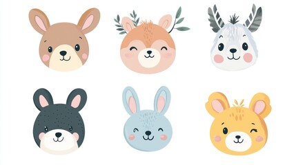 Naklejka premium Cute cartoon animal faces, seamless pattern, pastel colors, white background, simple shapes cute characters adorable expressions for fun kids art