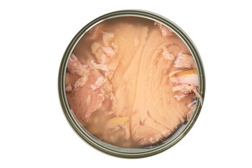 Tuna fish in opened tin can isolated on white background. Top view