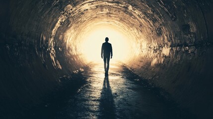 Silhouette of a person walking towards a bright light in a dark tunnel, symbolizing hope and new beginnings, copy space