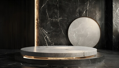 Elegant marble pedestal in a dimly lit, luxurious setting, perfect for premium product showcases