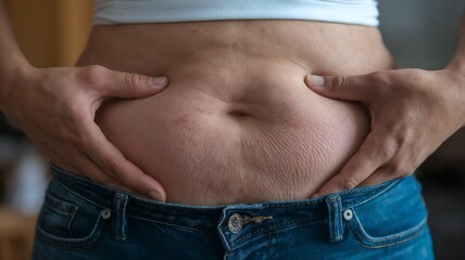 Naklejka premium Close-Up of Pinched Belly Fat with Stretch Marks and Skin Folds, Overweight Person Showing Belly Fat With Stretch Marks, Fitness Weight Loss Background.