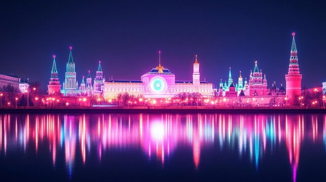 Digital Kremlin, neon hologram projection, futuristic Moscow nightscape