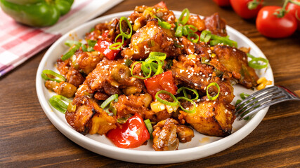 Delicious Vegetarian Dinner. Fried Spicy Eggplant with Vegetables