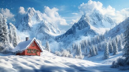 Fototapeta premium A Cozy Cabin Nestled in a Snowy Mountain Landscape