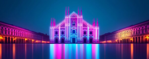 Digital Milan Cathedral, hologram projection, neon Lombardy landscape