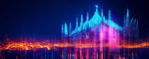 Obraz premium Digital Milan Cathedral, hologram projection, neon Lombardy landscape