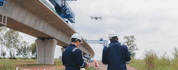 Engineer surveyor team Use drone for operator inspecting and survey construction site. Surveyors or...