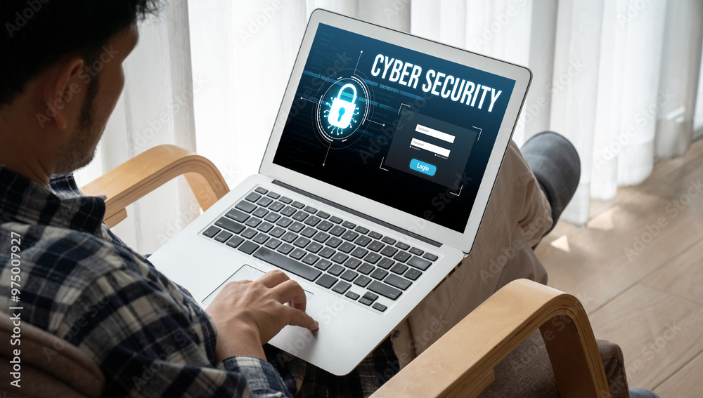 Poster cyber security system on computer screen protect private information snugly from hacker and cyber at