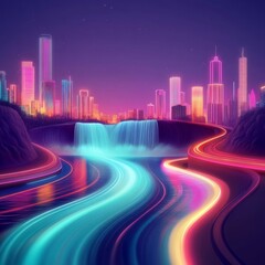 Digital Niagara Falls, holographic water flow, neon cityscape, futuristic border