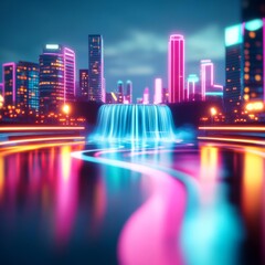 Fototapeta premium Digital Niagara Falls, holographic water flow, neon cityscape, futuristic border