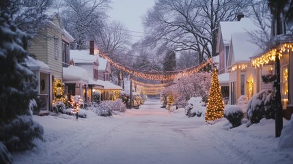 Naklejka premium Snowy Suburban Street Decorated with Christmas Lights