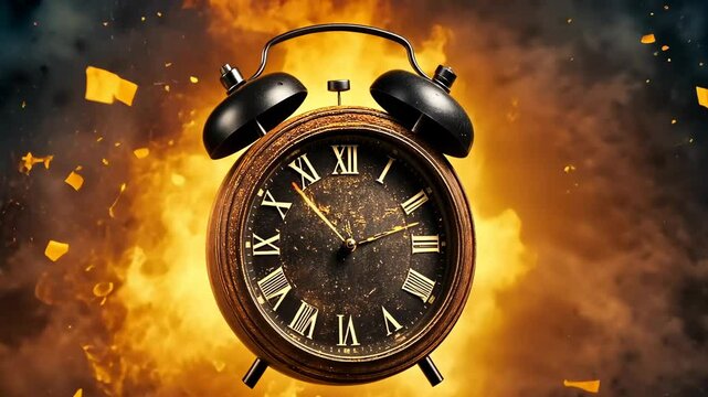 A clock is engulfed in a fiery explosion, surrounded by flying debris. The scene is dramatic, featuring intense flames and shattering fragments. The chaos suggests destruction and urgency.